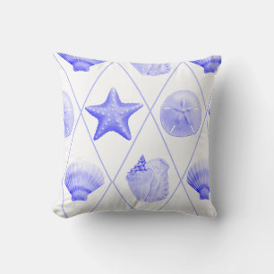 Navy Blue Coastal Seashells Starfish Throw Pillow