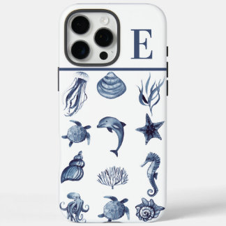 Navy Blue Coastal Watercolor Custom Initial iPhone 16 Pro Max Case