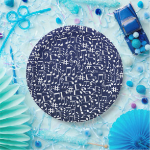 Navy Blue Cobalt Blue White Dancing Music Notes Paper Plates