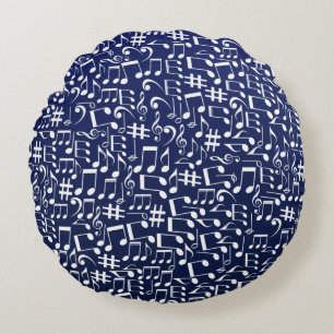 Navy Blue Cobalt Blue White Dancing Music Notes Round Pillow