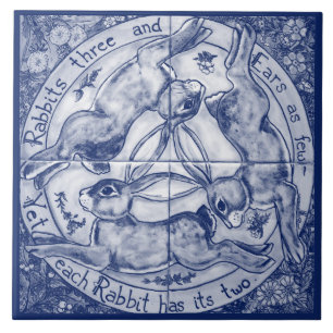 Navy Blue Cobalt Rabbit Hare Trio Four Seasons Ceramic Tile