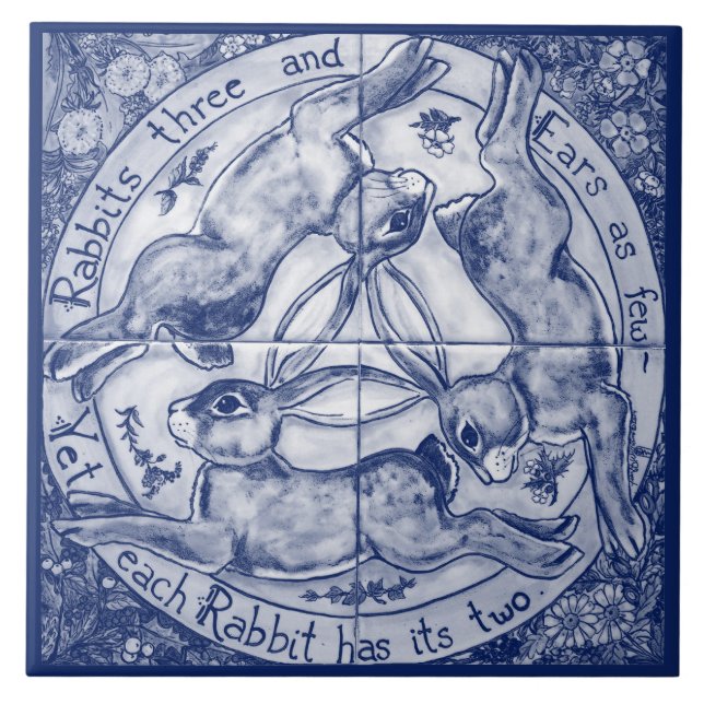 Navy Blue Cobalt Rabbit Hare Trio Four Seasons Ceramic Tile (Front)