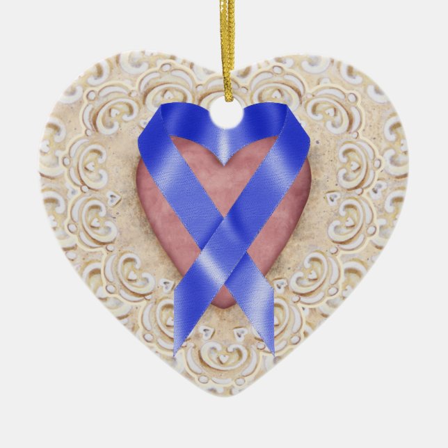 Navy Blue Colon Cancer Ribbon From the Heart - SR Ceramic Ornament (Front)