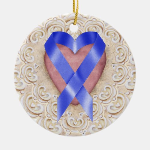 Navy Blue Colon Cancer Ribbon From the Heart _ SR Ceramic Ornament