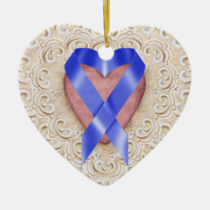 Navy Blue Colon Cancer Ribbon From the Heart - SR Ceramic Ornament