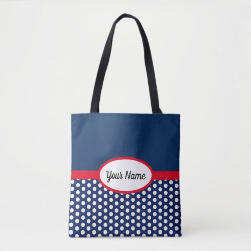 Navy Blue Color Block and Polka Dots Tote Bag