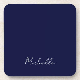 Navy Blue Color Plain Modern Own Name Calligraphy Beverage Coaster