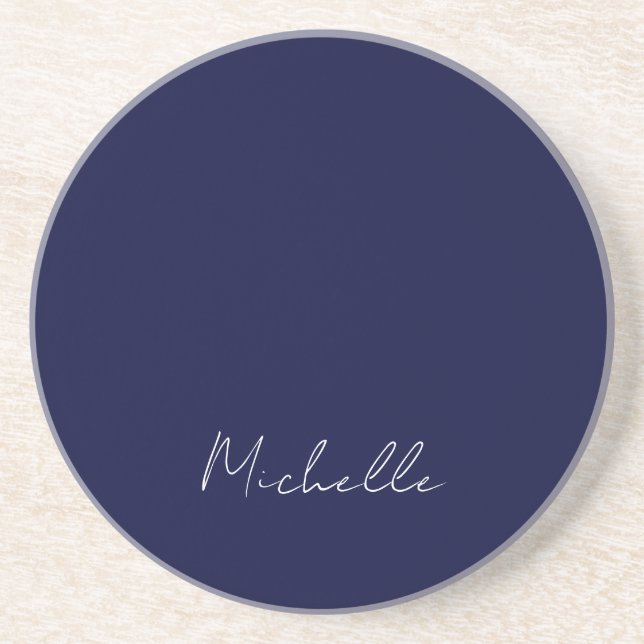 Navy Blue Color Plain Modern Own Name Calligraphy Coaster (Front)