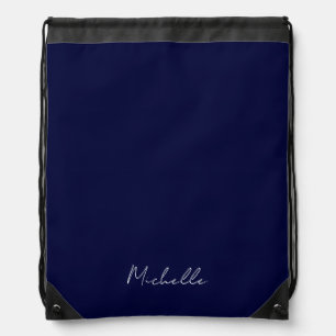 Navy Blue Color Plain Modern Own Name Calligraphy Drawstring Bag