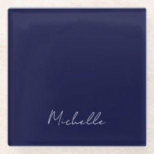 Navy Blue Color Plain Modern Own Name Calligraphy Glass Coaster
