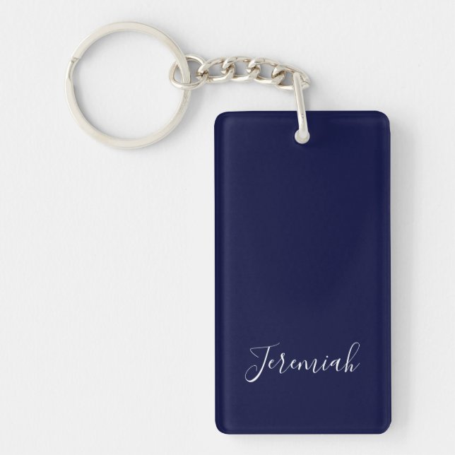 Navy Blue Color Plain Modern Own Name Calligraphy Keychain (Front)