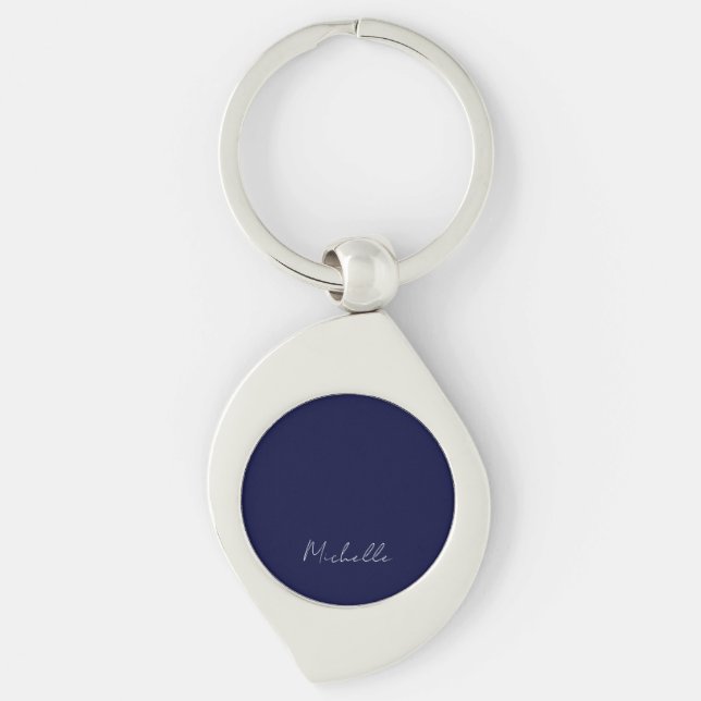 Navy Blue Color Plain Modern Own Name Calligraphy Keychain (Front)