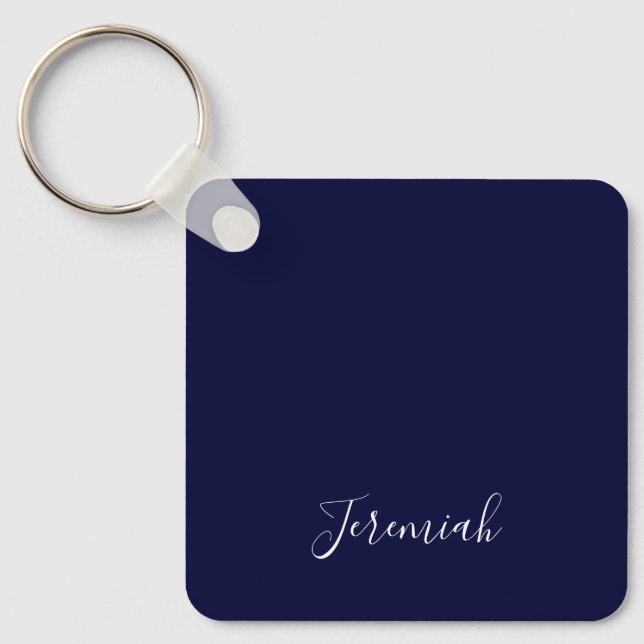 Navy Blue Color Plain Modern Own Name Calligraphy Keychain (Front)