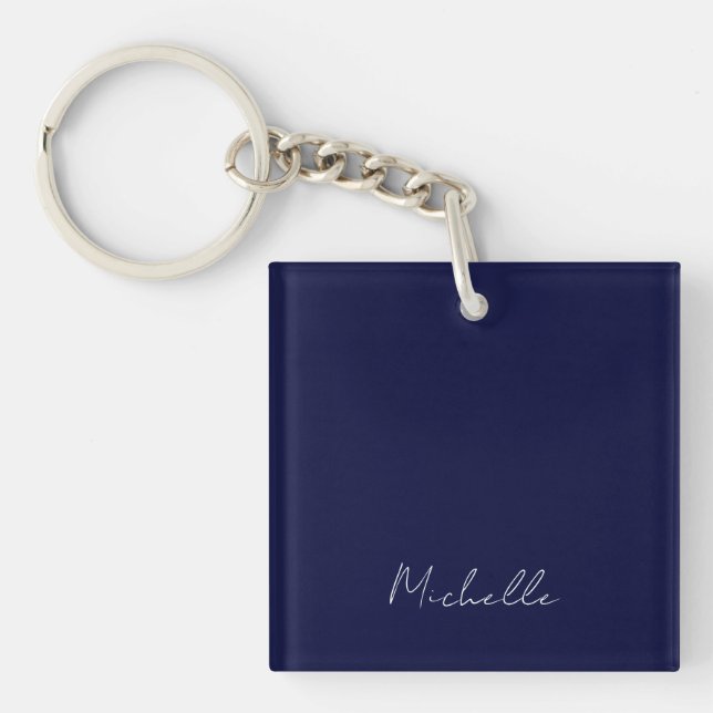 Navy Blue Color Plain Modern Own Name Calligraphy Keychain (Front)