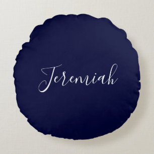 Navy Blue Color Plain Modern Own Name Calligraphy Round Pillow