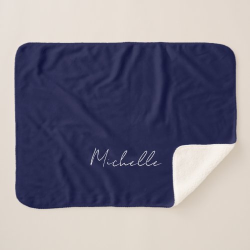 Navy Blue Color Plain Modern Own Name Calligraphy Sherpa Blanket