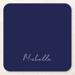 Navy Blue Color Plain Modern Own Name Calligraphy Square Paper Coaster