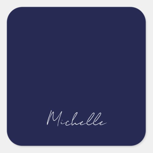 Navy Blue Color Plain Modern Own Name Calligraphy Square Sticker