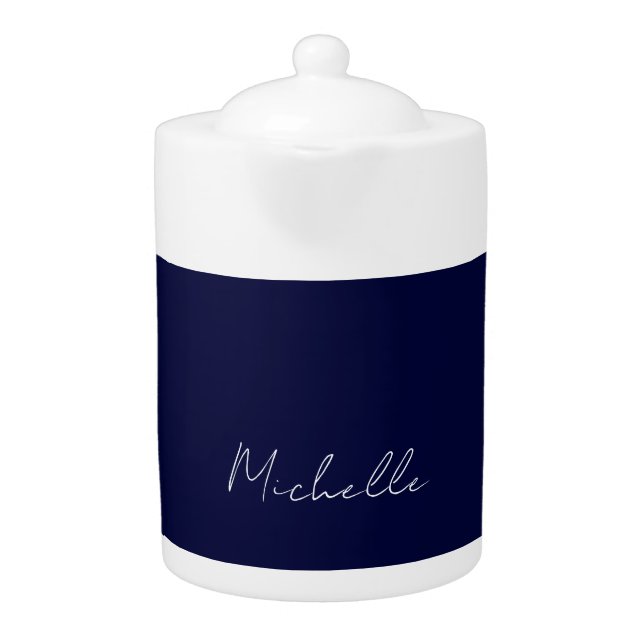 Navy Blue Color Plain Modern Own Name Calligraphy Teapot (Front)