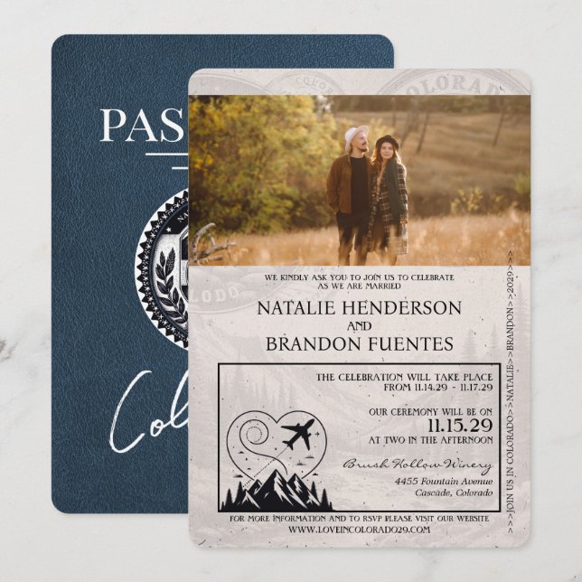 Navy Blue Colorado Passport Wedding Invitation (Front/Back)