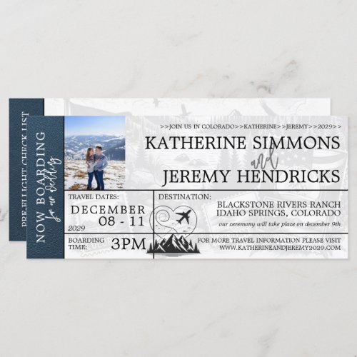 Navy Blue Colorado Wedding Boarding Pass Invite