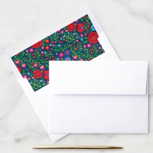 Navy Blue Colorful Floral Mexican Embroidery Envelope Liner