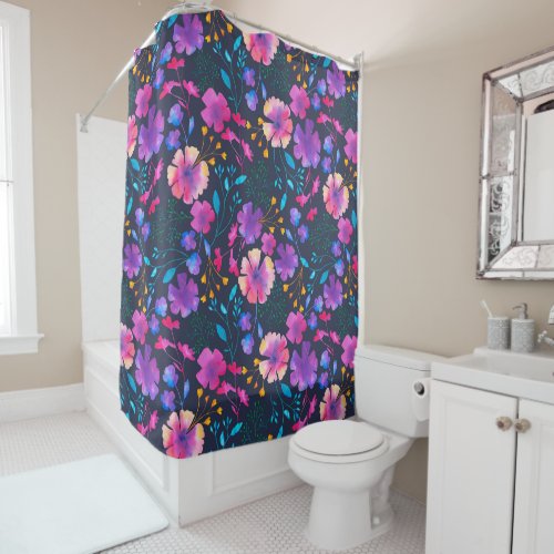 Navy Blue Colorful Floral Pattern Shower Curtain