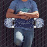 Navy blue comfetti name elegant girl skateboard<br><div class="desc">A navy blue background. Personalize and add your name.  Decorated with light blue comfetti. The name is written with a modern hand lettered style script.</div>
