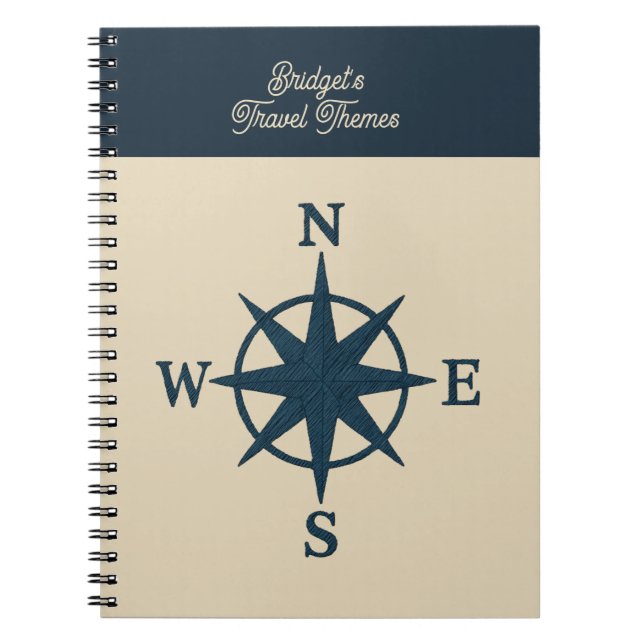 navy blue compass & Beige name Coastal travel  Notebook (Front)