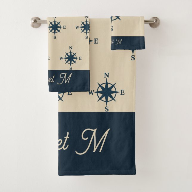 navy blue compass & Monogram Beige Coastal home Bath Towel Set (Insitu)