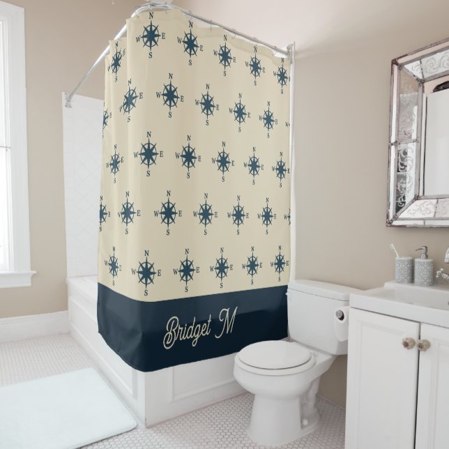 navy blue compass & Monogram Beige Coastal home Shower Curtain (In Situ)