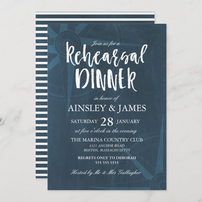 Navy Blue Compass Nautical Rehearsal Dinner Invitation (Front/Back)