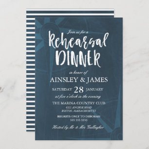 Navy Blue Compass Nautical Rehearsal Dinner Invitation
