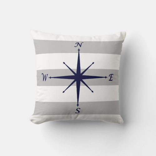 Navy Blue Compass On Gray And White Stripes Throw Pillow