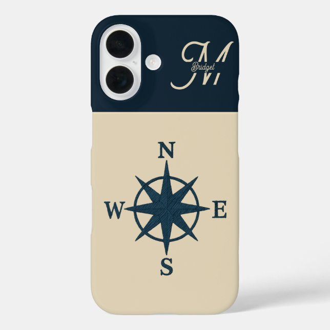 navy blue compass with Monogram Beige Coastal Case-Mate iPhone Case (Back)