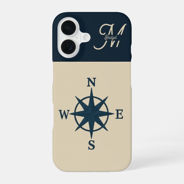 navy blue compass with Monogram Beige Coastal Iphone Case (Back)