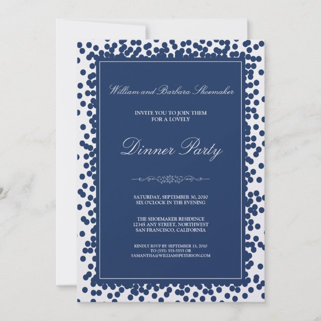 Navy Blue Confetti Dinner Party Invitation (Front)