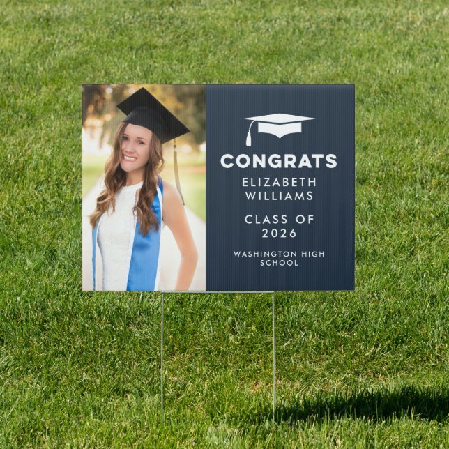 Navy Blue Congrats Single Photo Graduation Yard Sign (Insitu)
