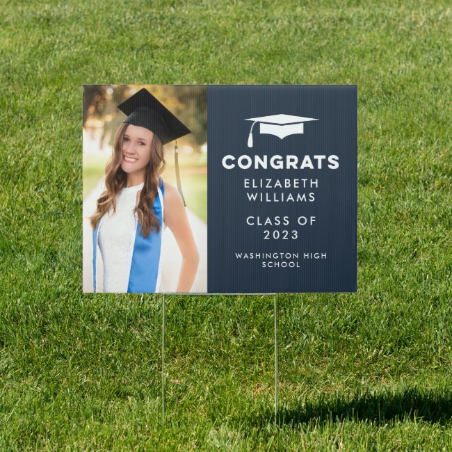 Navy Blue Congrats Single Photo Graduation Yard Sign