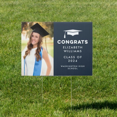 Navy Blue Congrats Single Photo Graduation Yard Sign