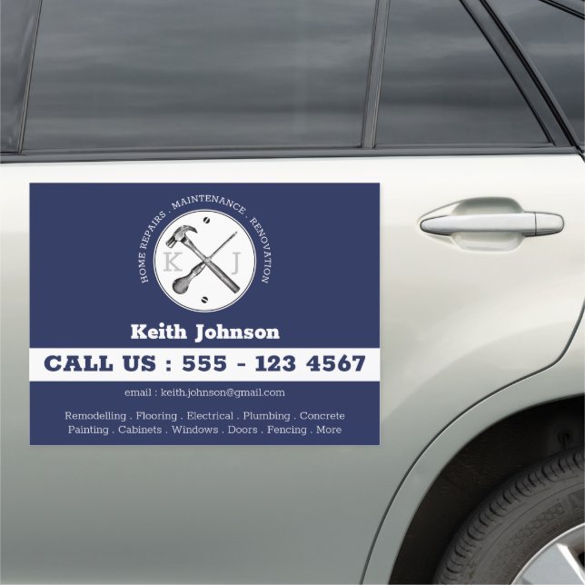 Navy Blue Construction Handyman Monogram Logo Car Magnet (In Situ)