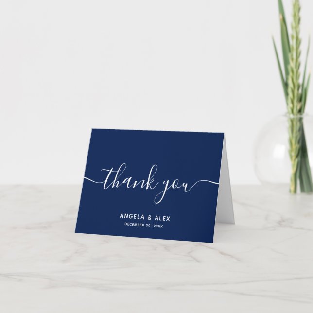Navy Blue Contemporary Elegant Font Wedding Thank You Card (Front)