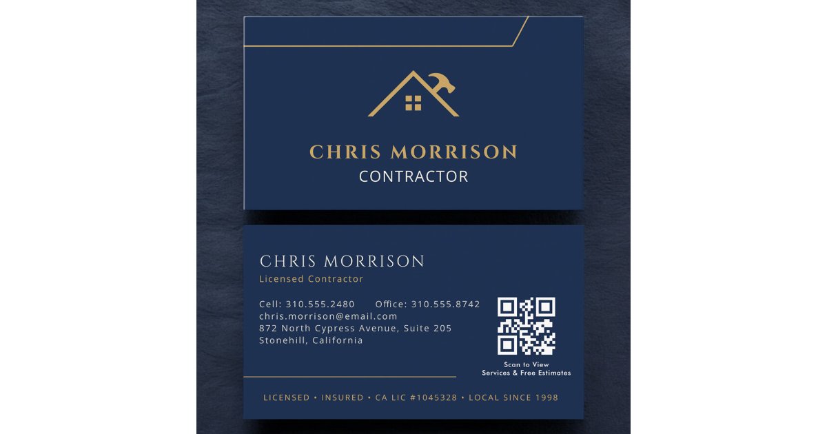 Navy Blue Contractor Construction QR Code Business Card | Zazzle
