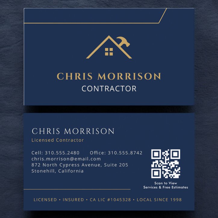 Navy Blue Contractor Construction QR Code Business Card