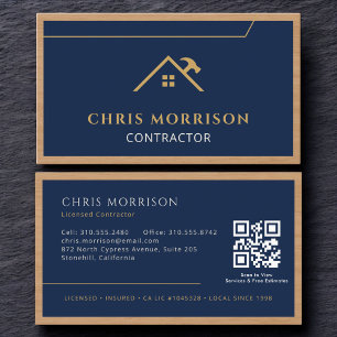 Navy Blue Contractor Construction Wood QR Code Business Card