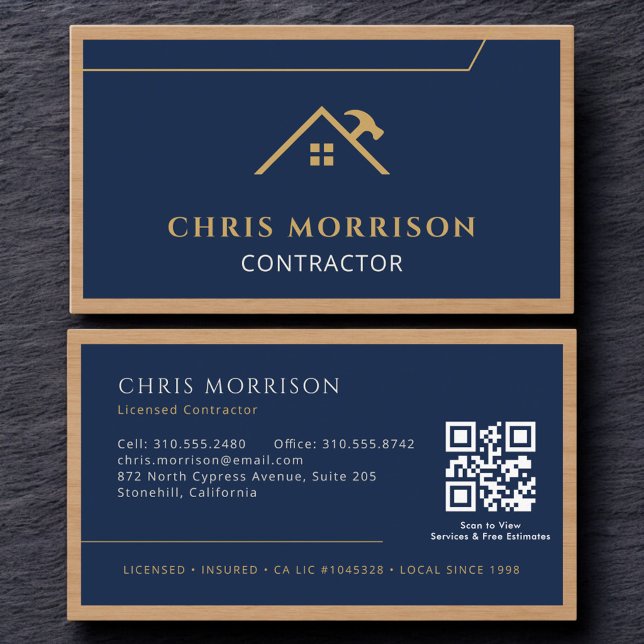 Navy Blue Contractor Construction Wood QR Code Business Card (Creator Uploaded)