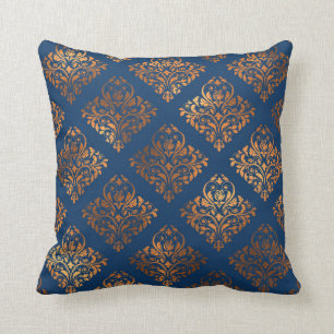 Navy Blue Copper Antique Gold Damask Pattern Throw Pillow