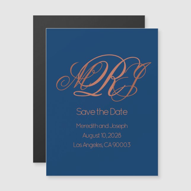 Navy Blue Copper Elegant Monogram Save The Date Magnetic Invitation (Front/Back)