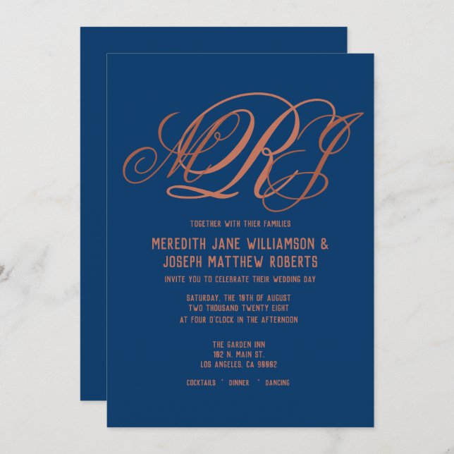 Navy Blue Copper Elegant Monogram Script Wedding Invitation (Front/Back)