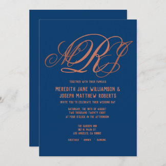 Navy Blue Copper Elegant Monogram Script Wedding Invitation